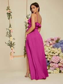 SHEIN Belle 荷葉邊圍裹側打結緞面吊帶裙伴娘禮服 - 玫紅色 - 查看 3