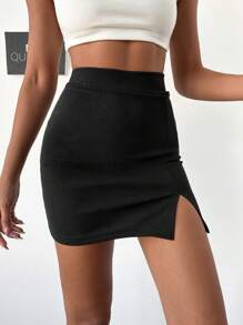 RueChic Solid Split Hem Bodycon Skirt - 黑色 - 查看 3