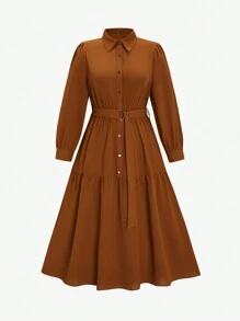SHEIN Clasi 大碼素色腰帶襯衫洋裝 - 咖啡棕 - 查看 1