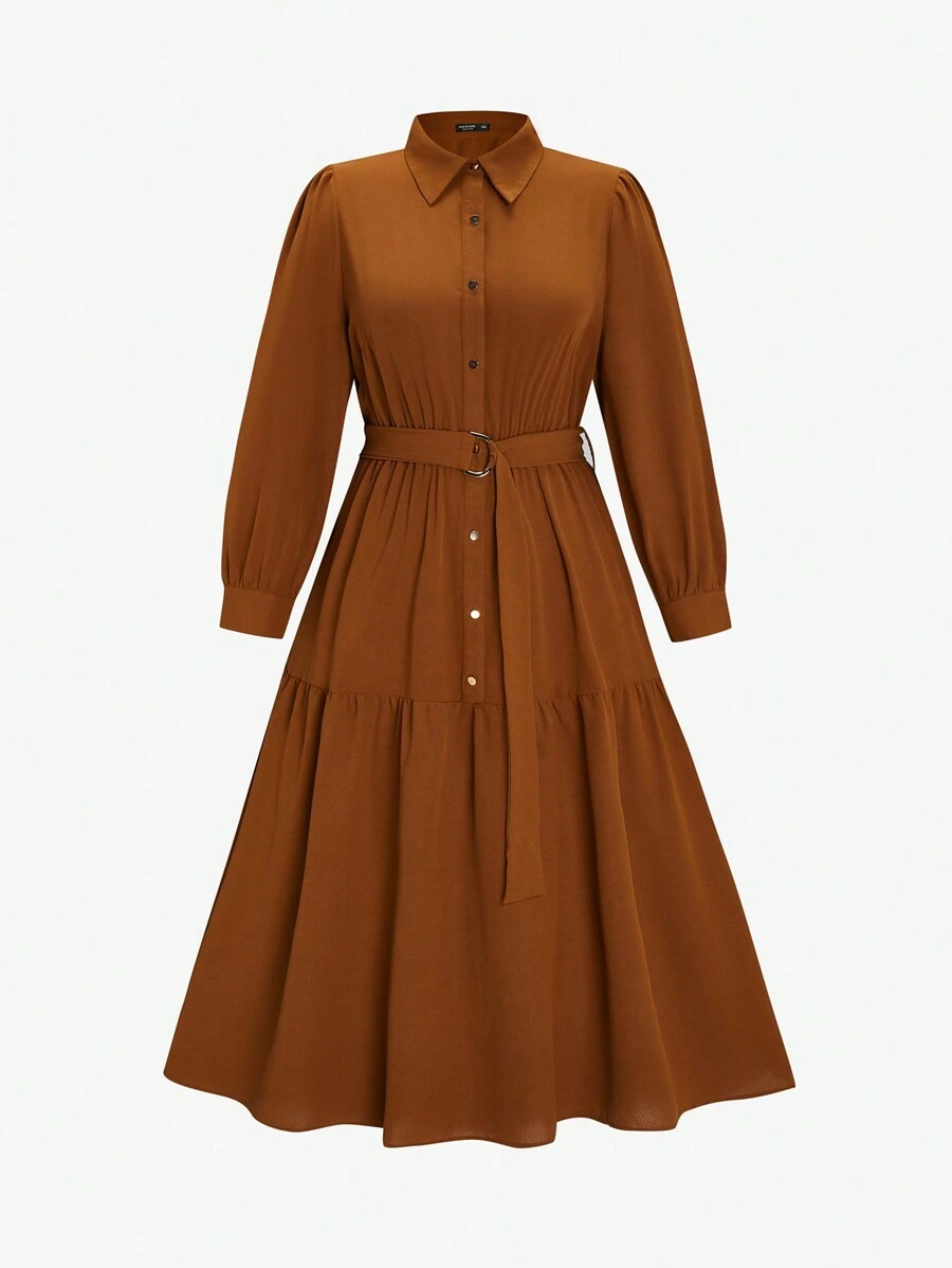 SHEIN Clasi 大碼素色腰帶襯衫洋裝 - 咖啡棕 - 查看 1