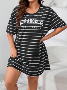 條紋&字母圖案落肩睡裙 - 黑與白 - 查看 1