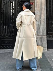 RueChic Lapel Neck Drop Shoulder Longline Coat - Beige - View 4