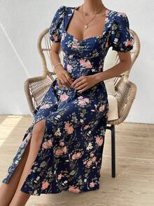 SHEIN VCAY Floral Print Puff Sleeve Ruched Split Thigh Bustier Dress - Multicolor - View 6