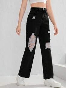 SHEIN Chica adolescente Jeans de pierna recta desgarro - Negro - Ver 5