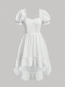 SHEIN MOD 褶邊泡泡袖荷葉邊洋裝不附帶緊身胸衣 - 白色 - 查看 1