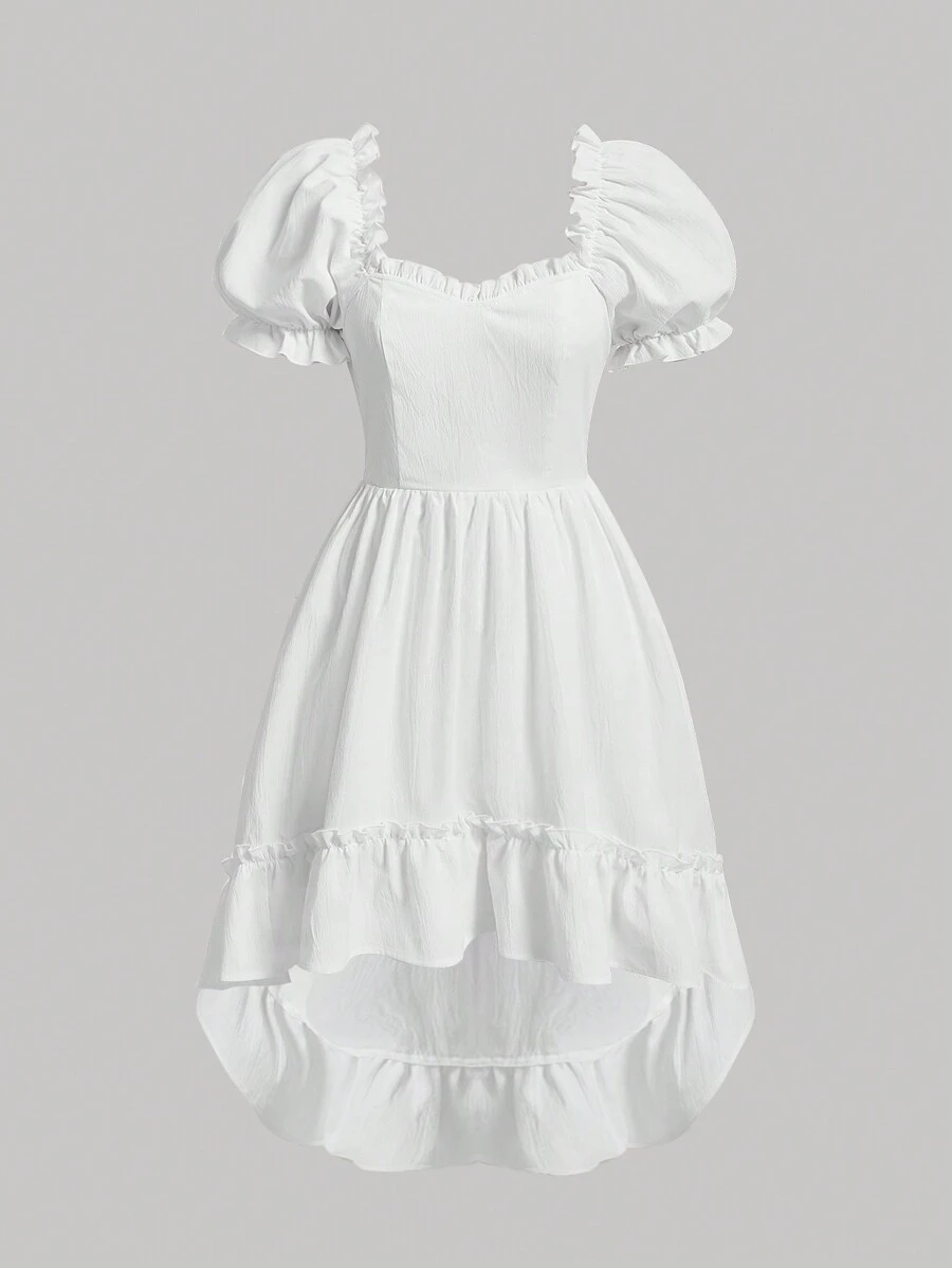 SHEIN MOD 褶邊泡泡袖荷葉邊洋裝不附帶緊身胸衣 - 白色 - 查看 1