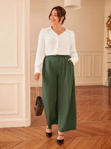 SHEIN Frenchy Plus Solid Slant Pocket Wide Leg Pants - Army Green - View 1