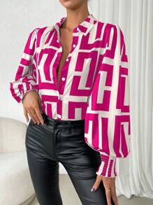 SHEIN Privé 幾何印花燈籠袖襯衫 - 玫紅色 - 查看 1