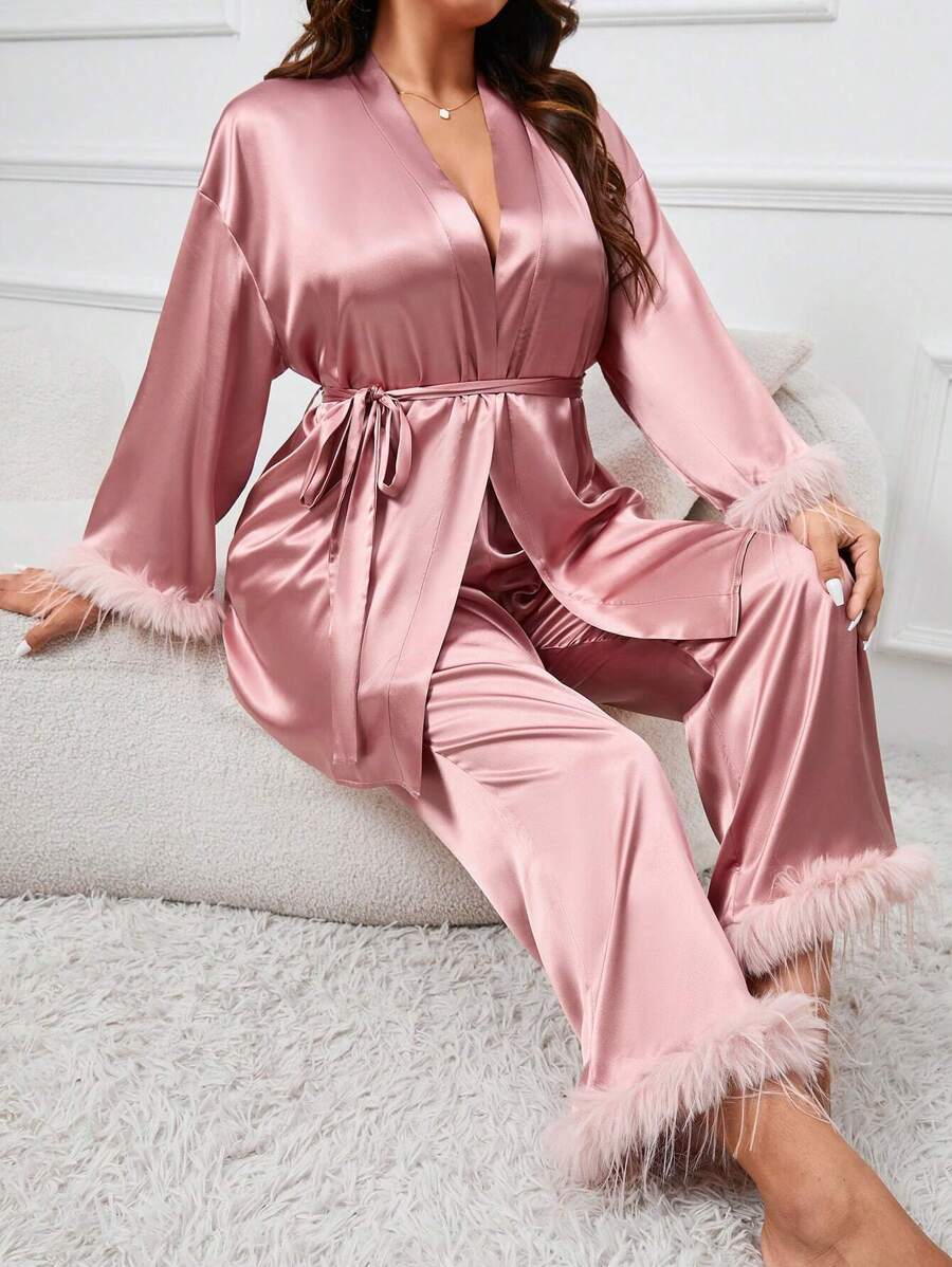 Plus Fuzzy Trim Belted Satin Robe & Pants PJ Set / Pajama Set - Dusty Pink - View 1