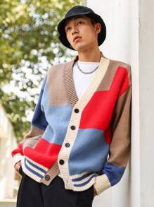 Manfinity Men Color Block Striped Trim Drop Shoulder Cardigan - Multicolor - View 7