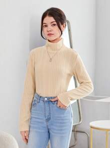 Chicas adolescentes Camiseta de cuello tortuga tejido de canalé - Albaricoque - Ver 6