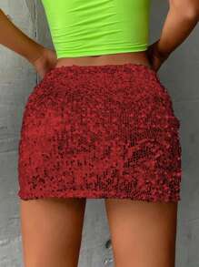 SHEIN Unity 女士时尚亮片迷你紧身裙，夏季 - 紅色 - 查看 2