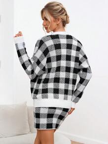 GENKIRA 1pc Plaid Pattern Drop Shoulder Cardigan & 1pc Knit Skirt - Black and White - View 2