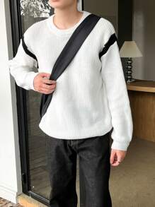 Claim Dot 男士撞色拼接落肩毛衣 - 白色 - 查看 4