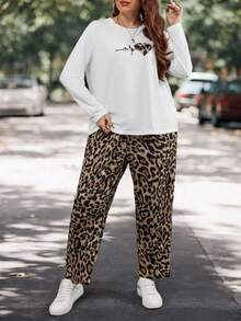 SHEIN LUNE Hơn Đồ họa Trái tim & Chữ cái Áo thun & In hoa Báo Quần - Màu Khaki - Xem 6