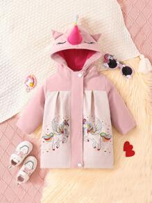 Baby Girl Unicorn Print 3D Ear Design Hooded Coat - Multicolor - View 1