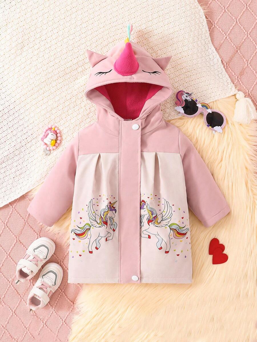 Baby Girl Unicorn Print 3D Ear Design Hooded Coat - Multicolor - View 1