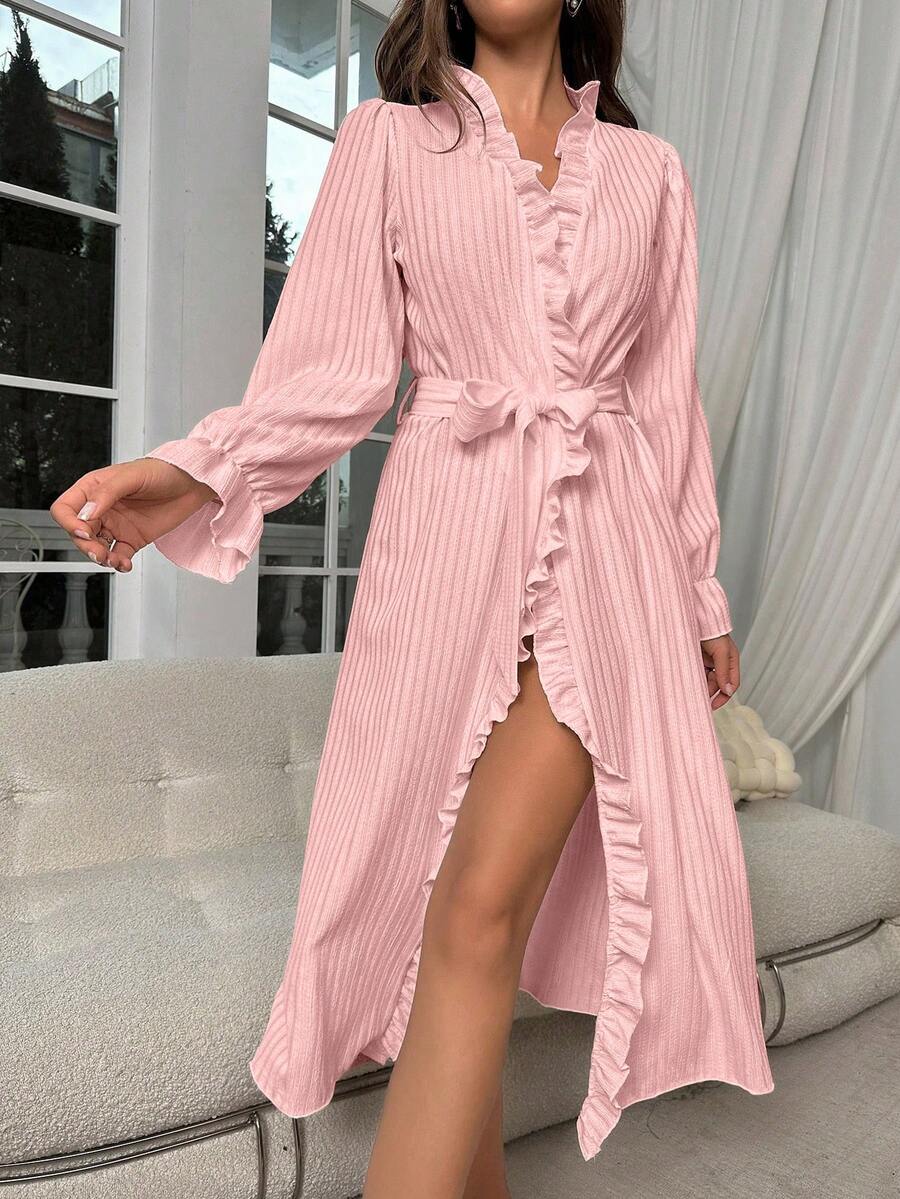 Frill Trim Flounce Sleeve Belted Lounge Robe