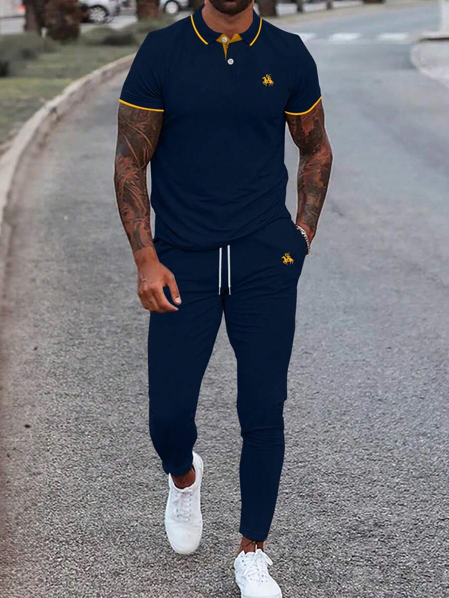 Manfinity Homme 男士馬圖案拼接邊POLO衫和腰部抽繩衛褲