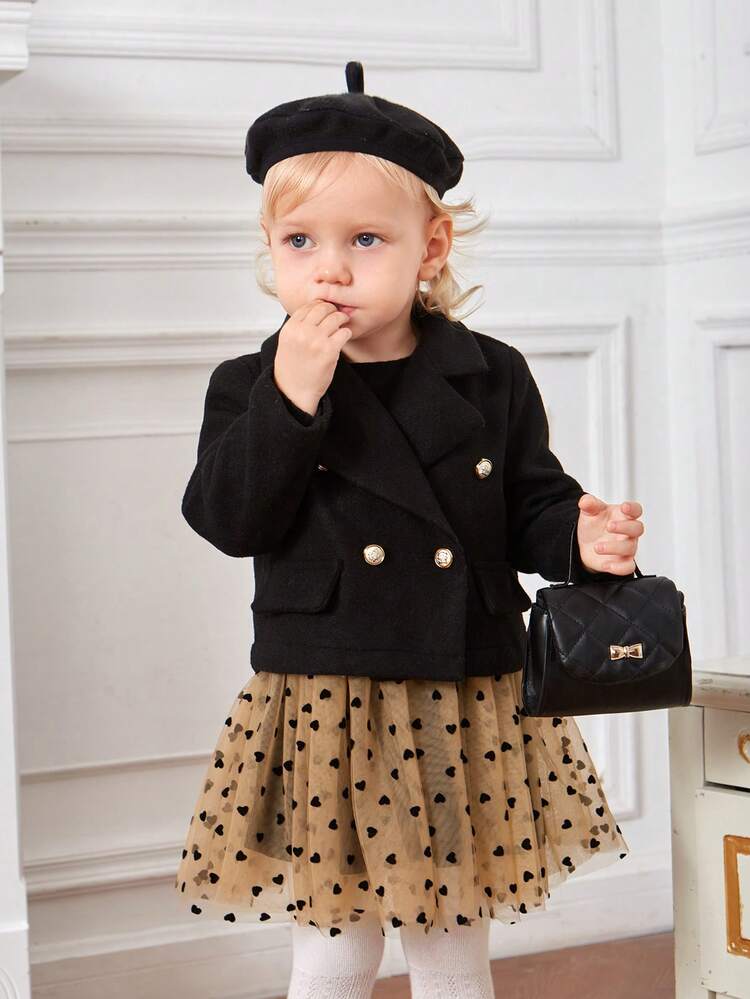 Baby Girl Double Breasted Jacket & Polka Dot Mesh Overlay Skirt