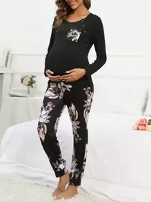 SHEIN Set pigiama/Pigiama per gestanti con stampa floreale e tasche