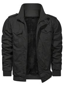 Manfinity Homme Men Long Sleeve Flap Pocket Teddy Lined Loose Going Out Winter Coat, For Friends, Husband, Boyfriend Gifts - Black - View 1