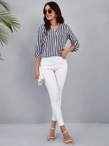 SHEIN Clasi 條紋印花捲邊袖襯衫 - 藍白色 - 查看 4