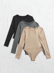 Zolique 3pcs Solid Basic Tee Bodysuit Fall Cloth For Women - Multicolor - View 3
