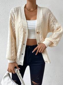 SHEIN Unity Cable Knit Drop Shoulder Cardigan - Apricot - View 3