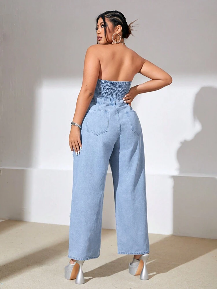 Plus Shirred Back Ripped Denim Tube Jumpsuit
