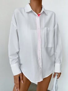 SHEIN Cottnline Của phụ nữ Gầy Trắng Áo sơ mi Với Cổ áo sơ mi Và Nút đơn Khép kín , Giải trí Và Linh hoạt Dài tay Phong cách , Gầy Chất vải - trắng - Xem 4