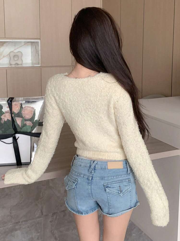 Solid Asymmetrical Hem Crop Fluffy Sweater,Fall Women Clothes