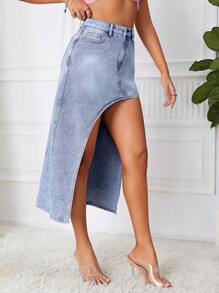 SHEIN ICON 高腰不對稱下擺牛仔裙 - 中等水洗藍 - 查看 5