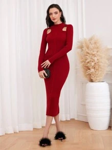 Modelyn 勃艮第红色镂空立领紧身毛衣连衣裙 - 酒紅色 - 查看 6