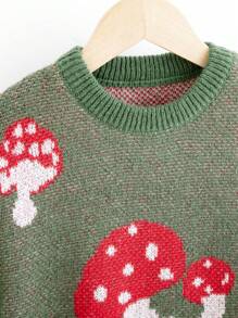 SHEIN Tween Girl Mushroom Pattern Lantern Sleeve Sweater - Green - View 5
