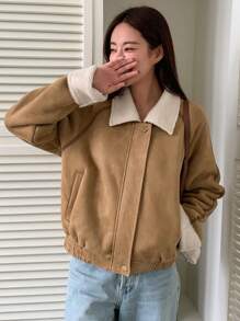 DAZY Borg Collar Raglan Sleeve Zip Up Jacket - Khaki - View 3