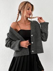 EURMUSE Cardigan Épaule tombante À Bouton Côtelé - Gris - Voir 3