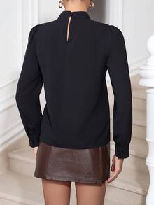 SHEIN Clasi Pearls Beaded Mock Neck Puff Sleeve Blouse - Black - View 2