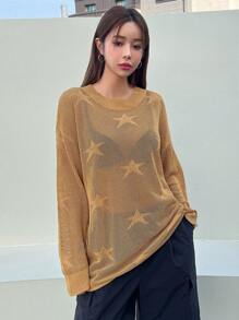 DAZY Star Pattern Drop Shoulder Sweater Y2k Sheer,Fall Clothes - Mustard Yellow - View 4