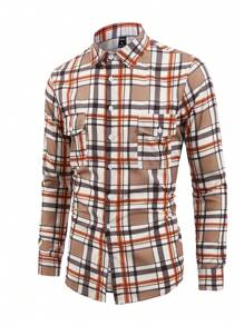 Manfinity Homme 男士格紋印花翻蓋口袋襯衫