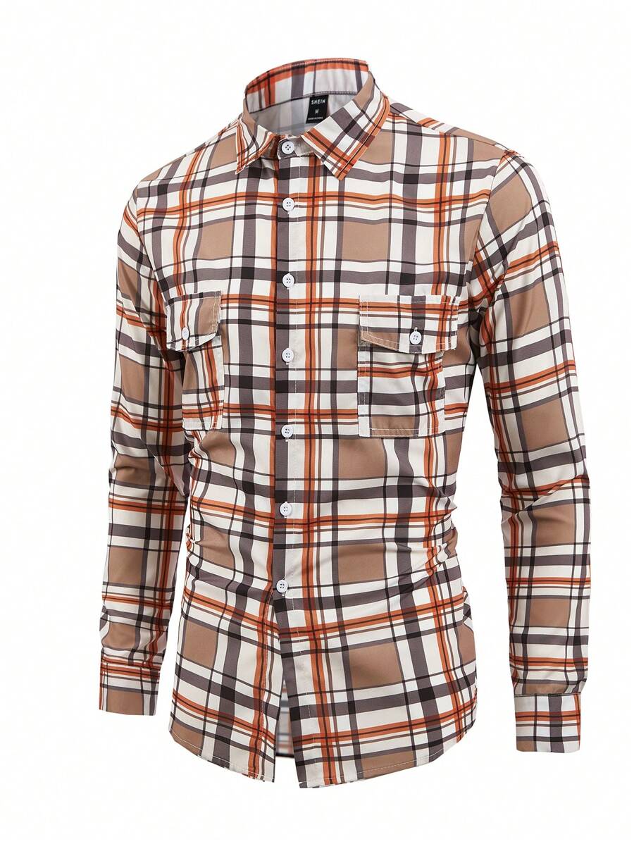 Manfinity Homme 男士格紋印花翻蓋口袋襯衫