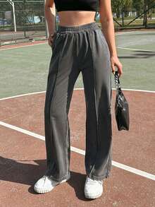 Cottnline Damen Straight Cut Casual Hose Mit Schrägen Taschen Und Elastischem Bund, Mittelhoch - Grau - Übersicht 3
