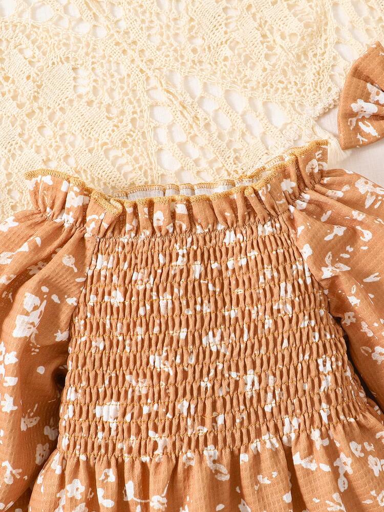 Baby Girl Ditsy Floral Print Flounce Sleeve Bodysuit & Headband - Khaki - View 4