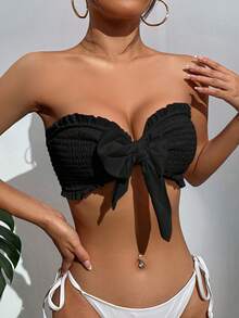 SHEIN 打褶褶邊前打結抹胸比基尼上衣