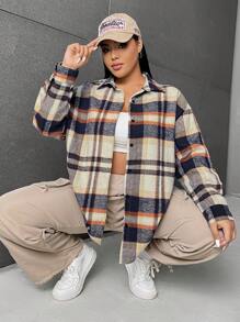 SHEIN EZwear Plus Plaid Print Drop Shoulder Shirt