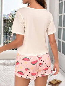 Watermelon & Letter Graphic Tee & Shorts PJ Set - Multicolor - View 2