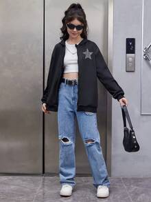 Áo nỉ kéo khóa có họa tiết ngôi sao dành cho thiếu nữ - màu đen - Xem 5