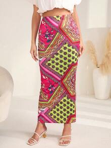 SHEIN LUNE Pañuelo con estampado de retazo Falda de lápiz - Multicolor - Ver 4