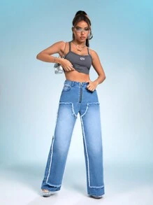 SHEIN ICON Zíper Mosca Acabamento Bruto Perna Larga Jeans - Azul - Ver 3