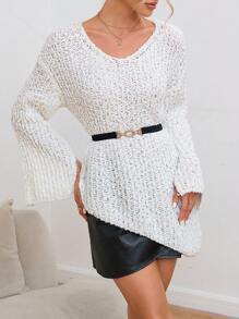 GENKIRA Áo len chui đầu tay bồng, vạt áo bất đối xứng, màu trơn, thích hợp cho mùa thu đông. - trắng - Xem 4